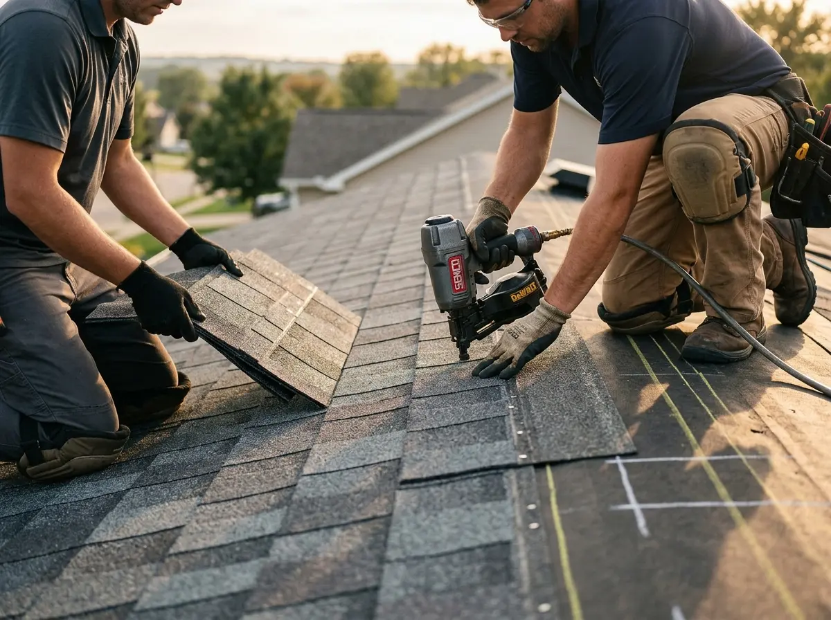 Professional roofer working on a residential roof in Fort Stockton